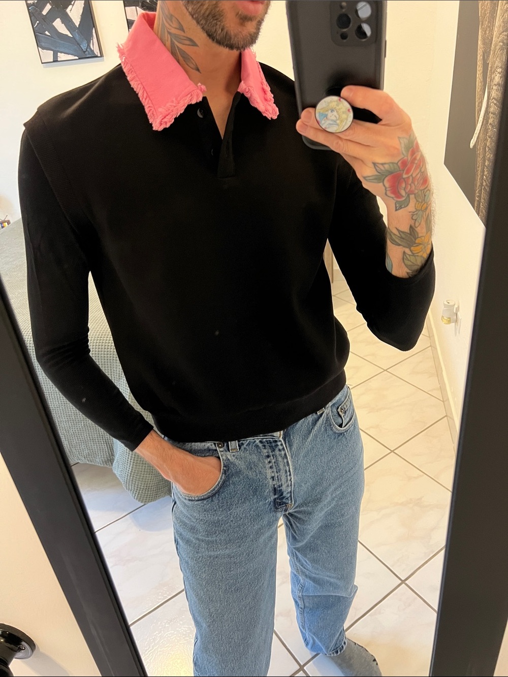 Black V-Neck Sweater with Pink Frayed Collar